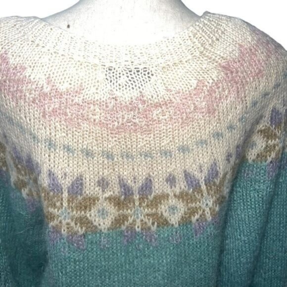 Studio Michelle Stuart Sweater Womens M Teal Mohair Wool Blend Hand Knit Nordic - Picture 4 of 12